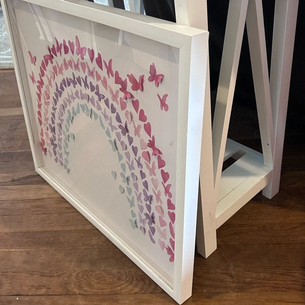 Framed Butterfly Heart Rainbow Wall Art White Decor